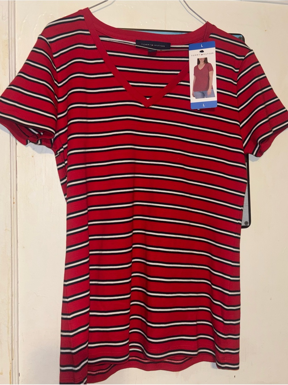 Tommy Hilfiger Red Black White Navy Striped V-Neck Tee